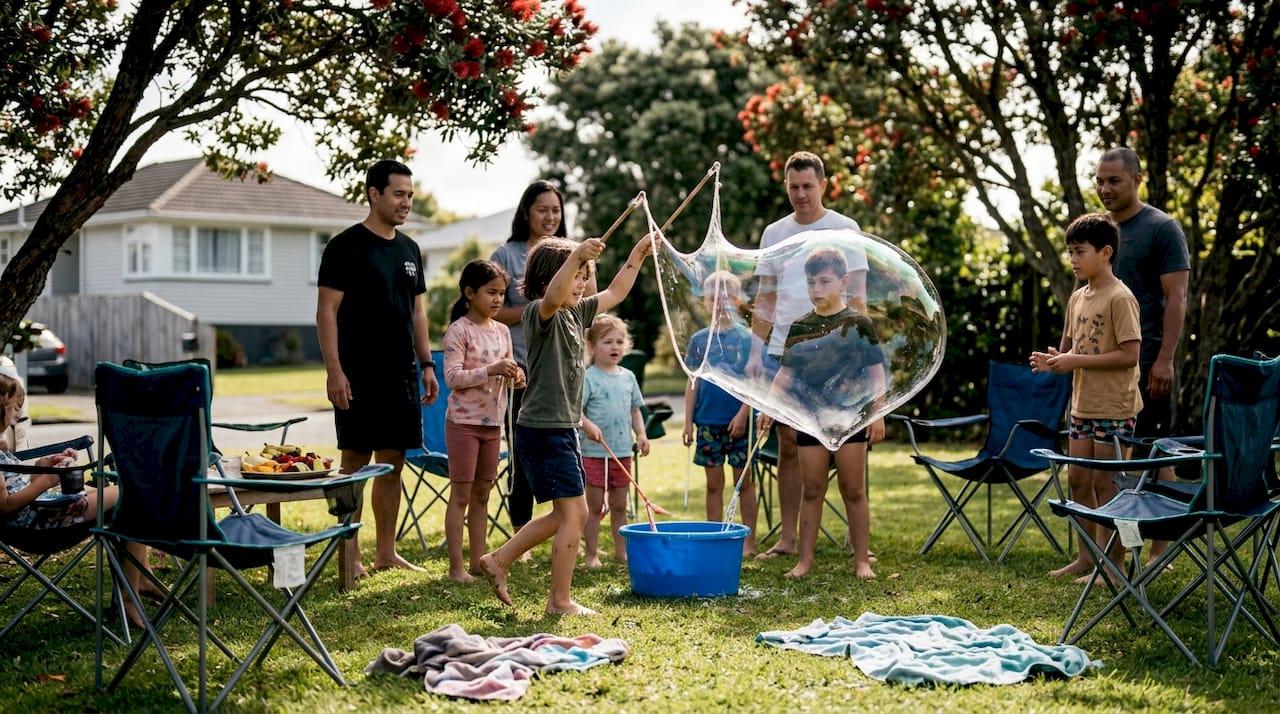 Children making giant bubbles outdoors
