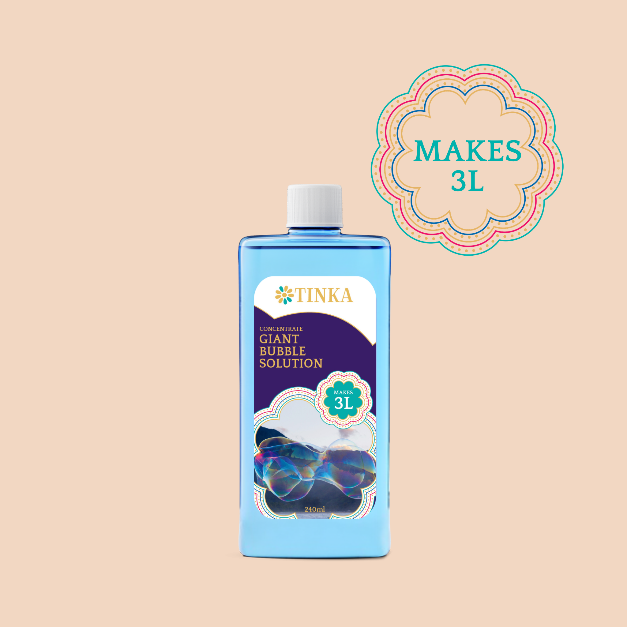 Blue bottle of 240ml bubble liquid on a plain background that makes 3L.