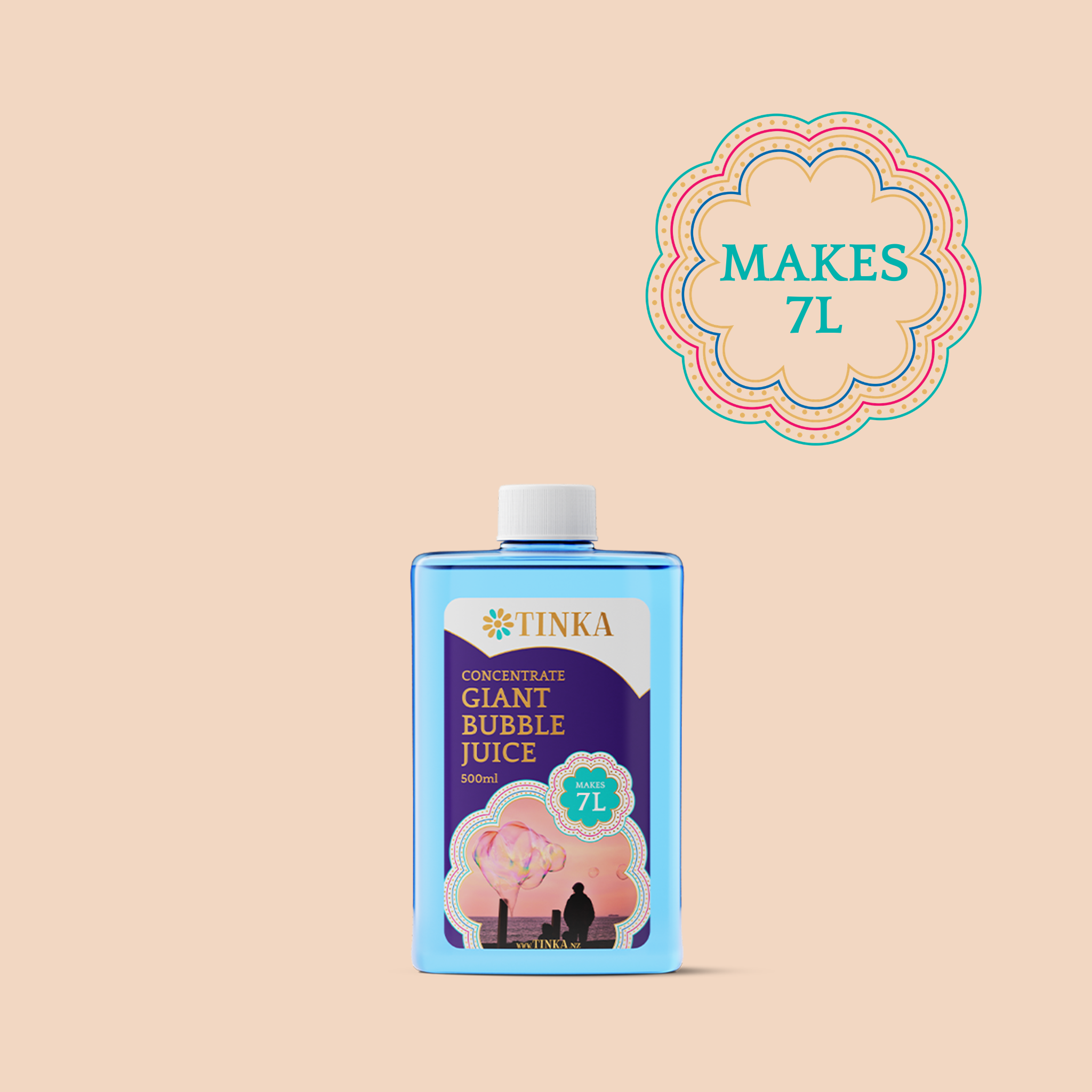 A 500ml blue bottle of bubble liquid that makes 7L of bubble juice.