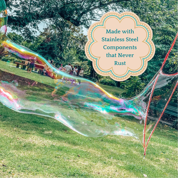 Large bubble wand with rainbow colored bubble with text about it being made with stainless steel components.