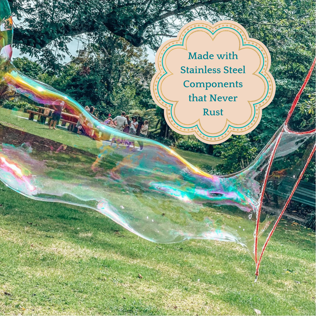 Large bubble wand with rainbow colored bubble with text about it being made with stainless steel components.