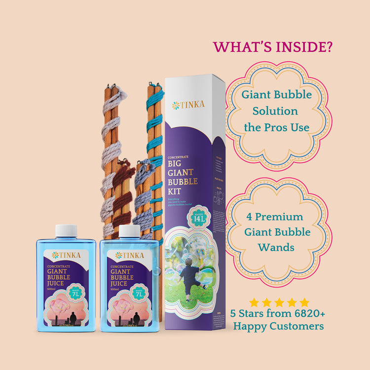 Tinka Giant Bubble Kit set including two blue bottles of Giant Bubble Juice, four wooden bubble wands and a purple, white and gold product box.