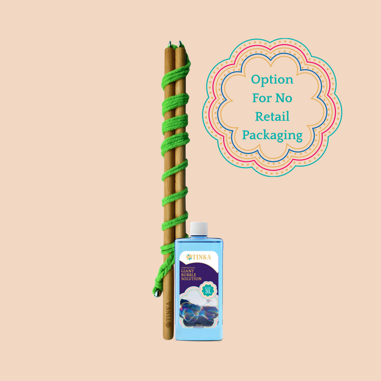 A Tinka Giant Bubble Solution kit featuring a blue bottle of solution and a blue bubble wand, set against a solid beige background with a decorative text badge that reads 'Option For No Retail Packaging'.