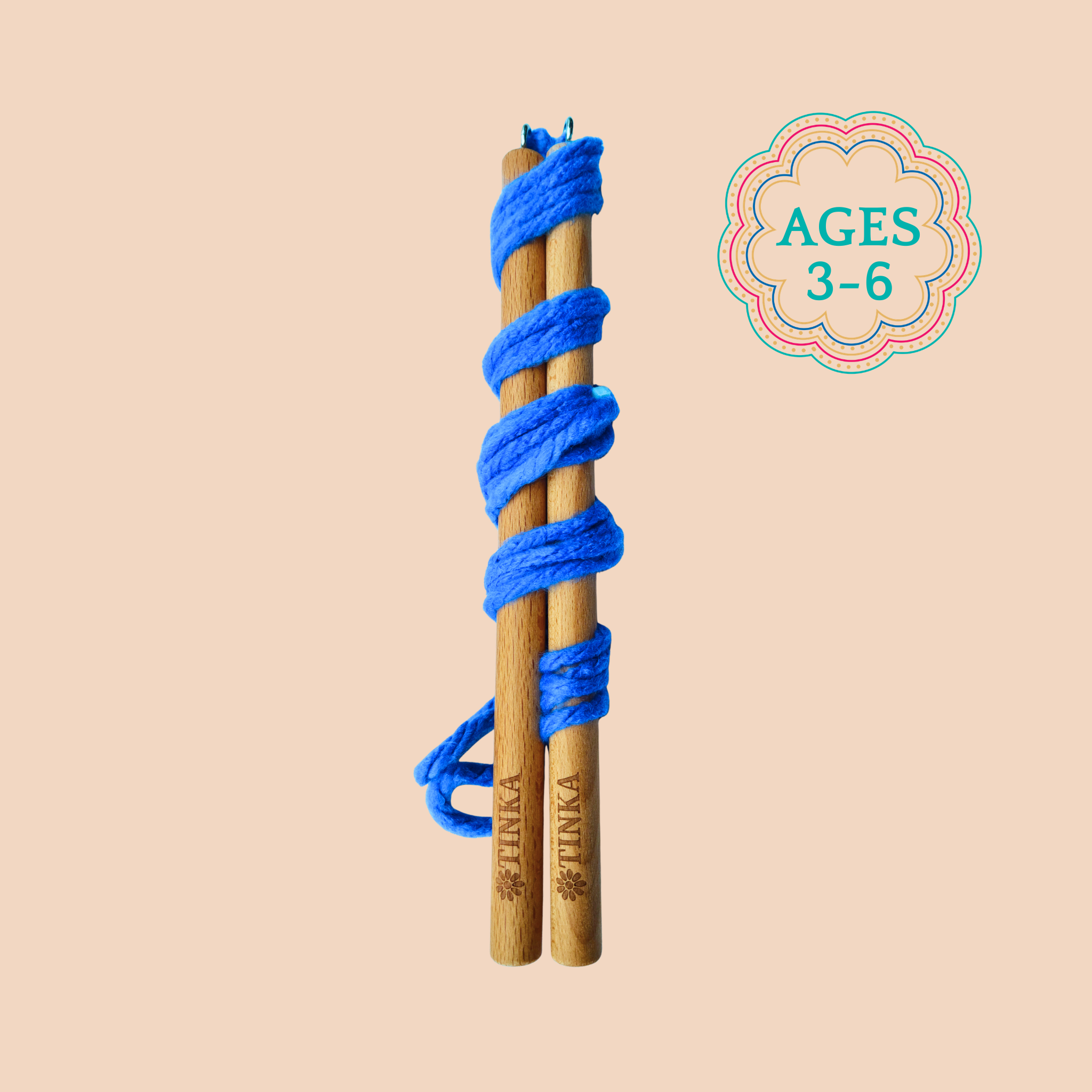A wooden windy day wand wrapped in blue yearn shown vertically on a solid beige background with an 'AGES 3-6' badge in the top right.