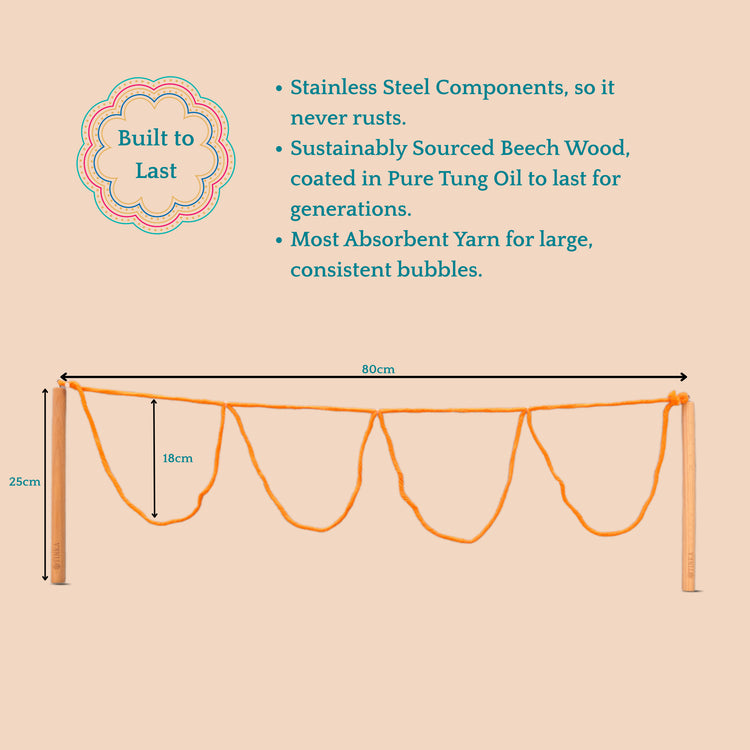 An orange Windy Day Bubble Wand plus text describing stainless steel parts and sustainably sourced beech wood.