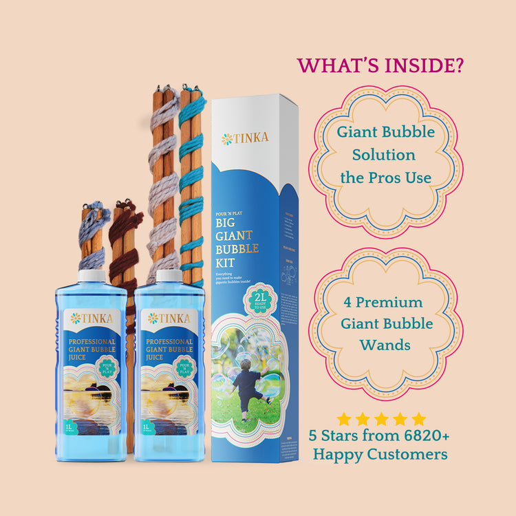 TINKA Professional Giant Bubble Kit featuring two 1L bottles of bubble solution, four bubble wands and a blue, white and gold product box.